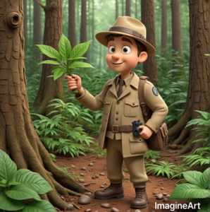 Cartoon image of boy checking plant in woodland setting